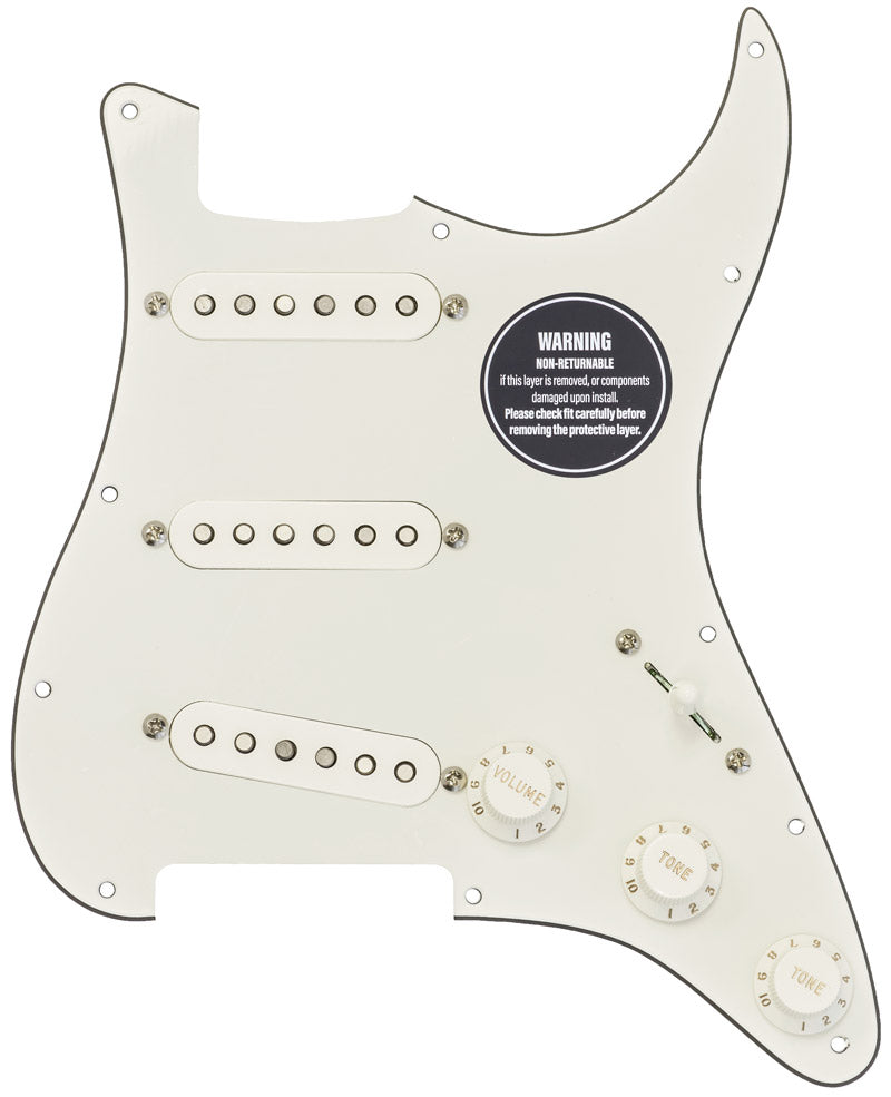 Loaded Strat parchment white pickguard with parchment white knobs and parchment white pickup covers