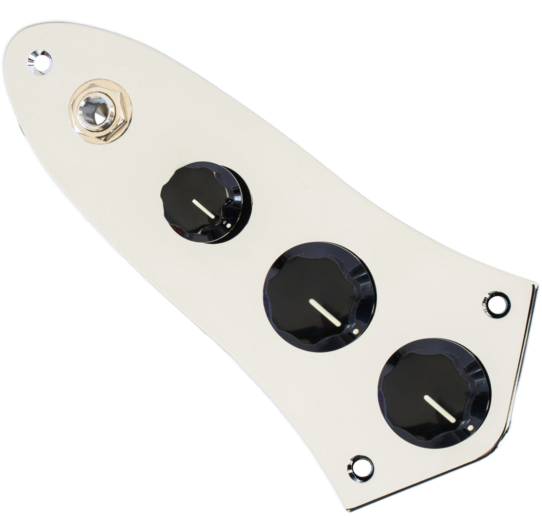 ObsidianWire custom loaded control plate for jass bass showing chrome plate with black knobs on a white background