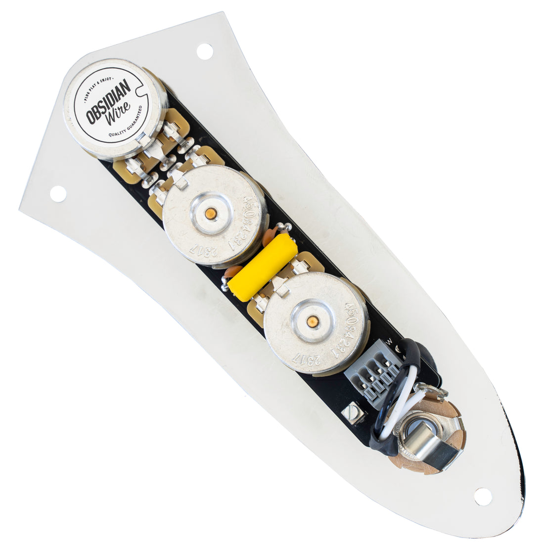 ObsidianWire custom loaded control plate for jass bass showing the pro-wired electronicson a white background