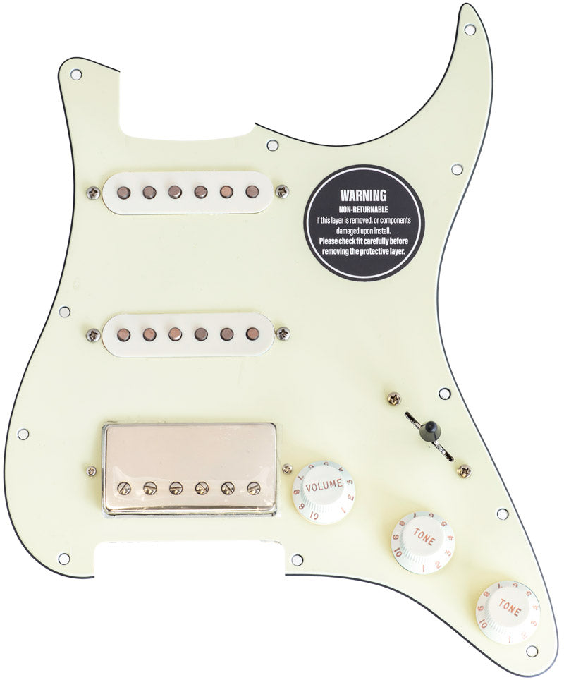 HSS loaded pickguard showing 3 ply mint green with parchment white pickup covers and knobs