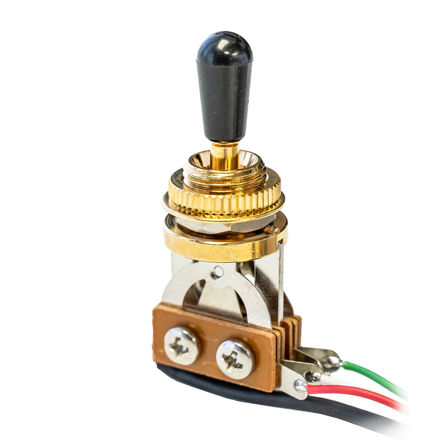 Prewired 3 way gold toggle switch with a black tip for Les Paul or other two pickup guitar