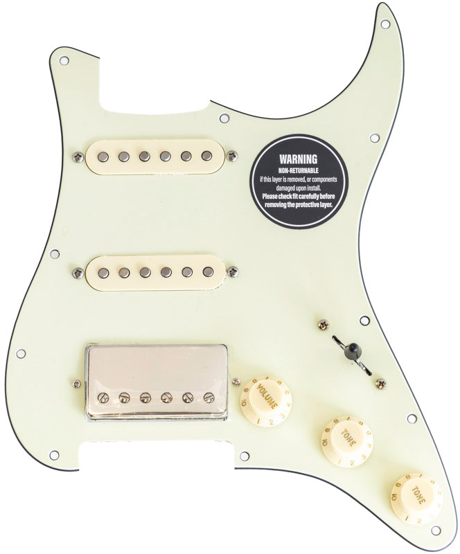HSS loaded pickguard showing 3 ply mint green with aged white pickup covers and knobs