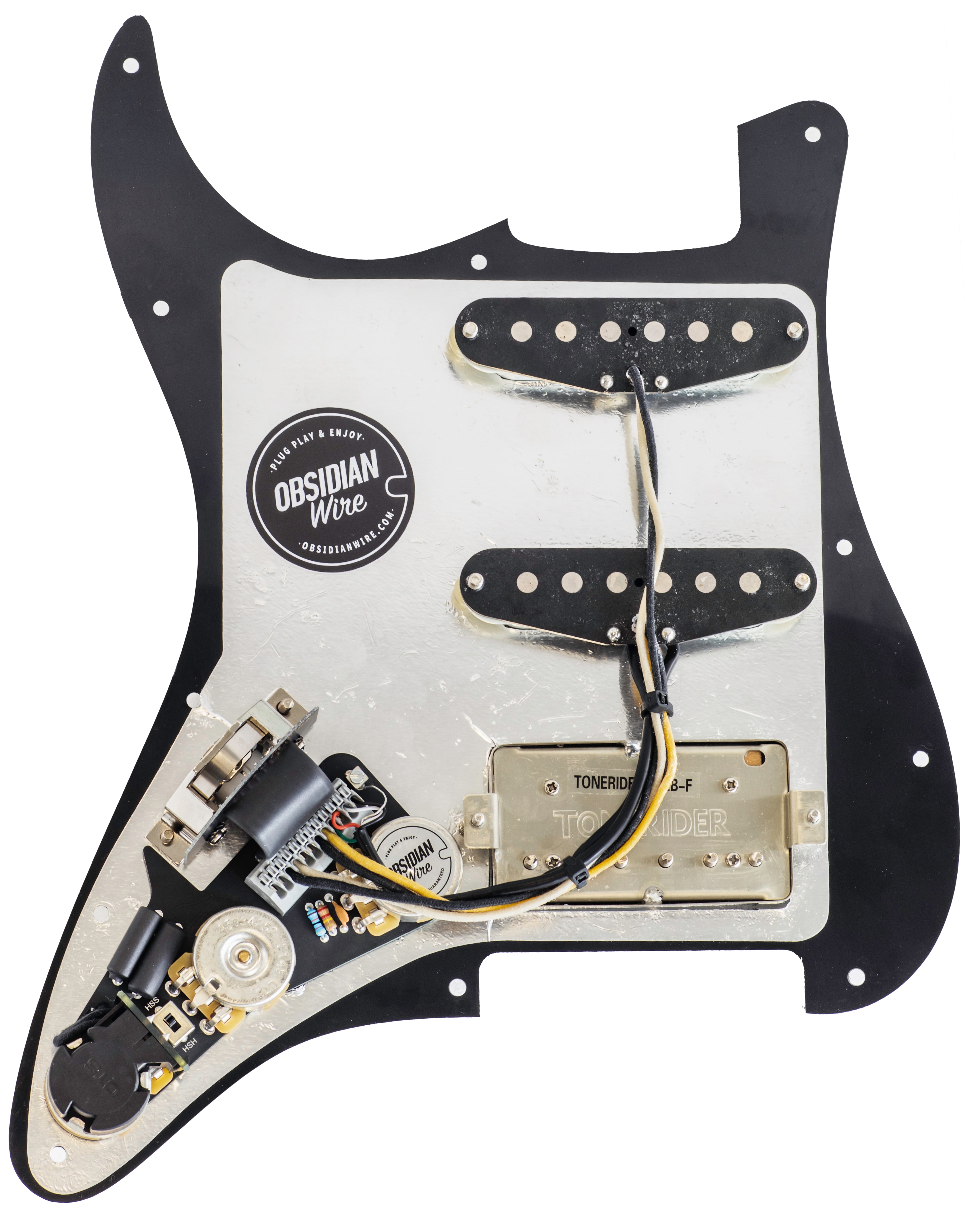 Back view of the ObsidianWire HSS loaded pickguard for Strat featuring the Custom HSS 7 Way harness