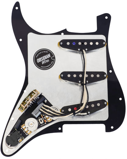 The ObsidianWire Gilmour loaded pickguard with 1 ply black pickguard with true vintage pickups and custom 7 way wiring harness