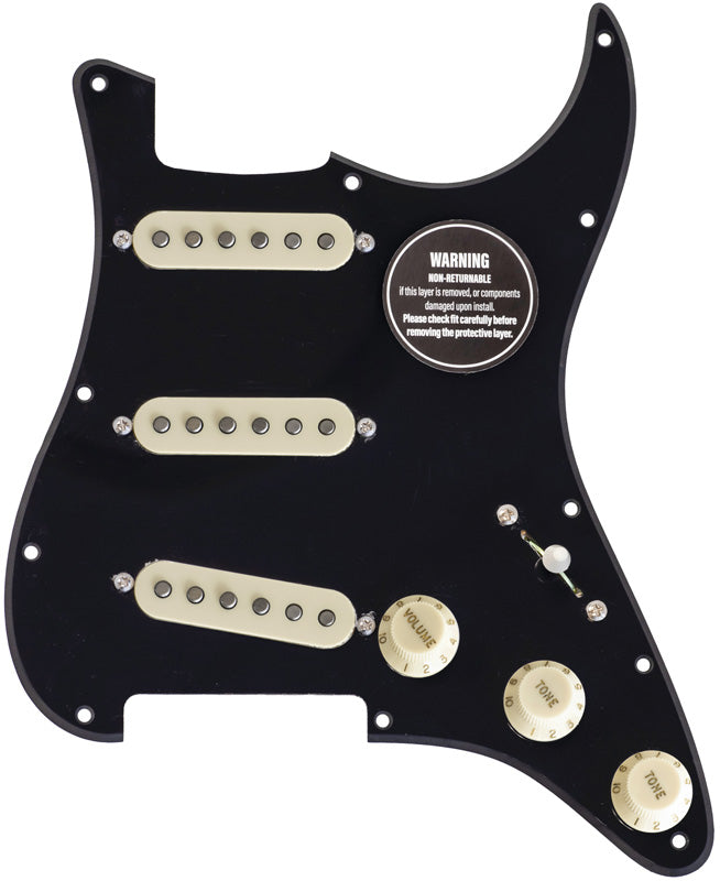 ObsidianWire 1 Ply black loaded SSS pickguard with parchment white pickup covers, and parchment white knobs
