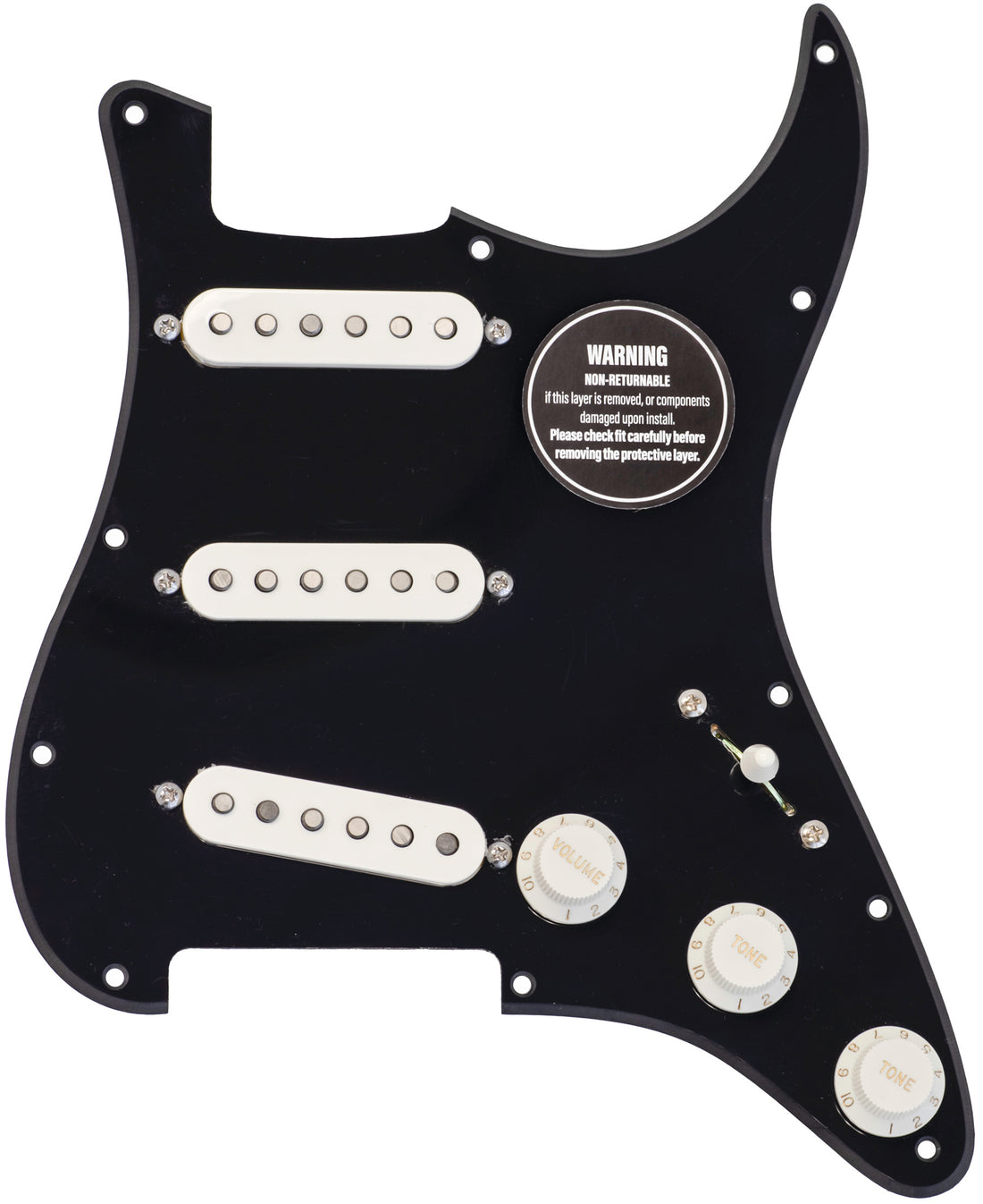 The ObsidianWire Gilmour loaded pickguard with 1 ply black pickguard and parchment white pickup covers and knobs