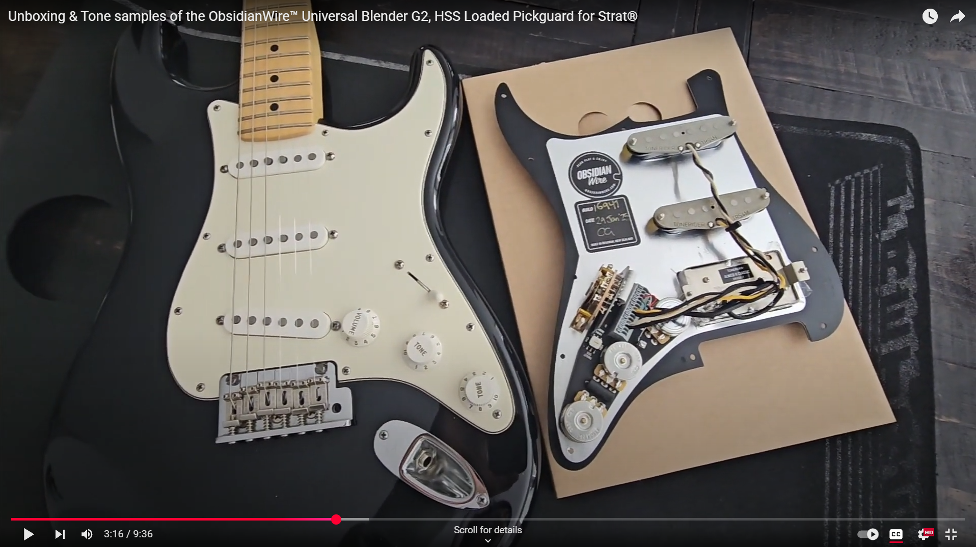 Laden Sie das Video: Unboxing and sound sample demo of the ObsidianWire Custom HSS loaded pickguard for Stratocaster